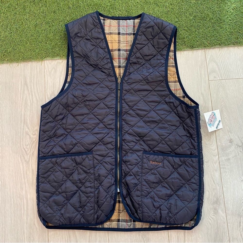 Barbour Vest Quilted, reversible, insulated.  Navy Blue / tartan flannel plaid